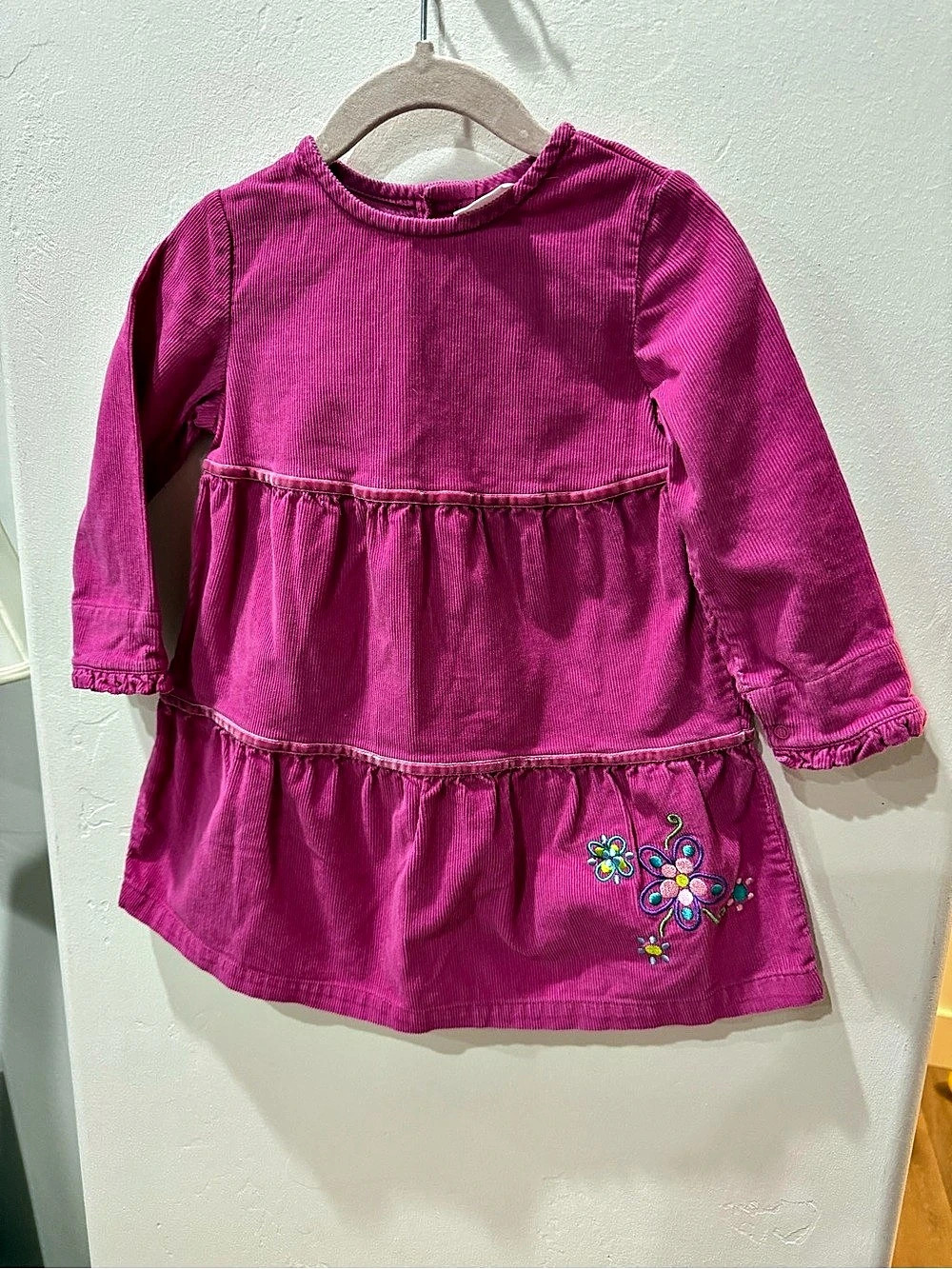 Hanna Andersson Magenta Corduroy Dress with Flower Embroidery Girls 80